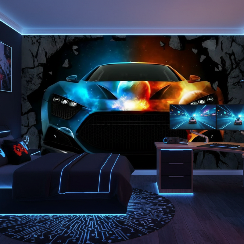 Jongens slaapkamer behang auto