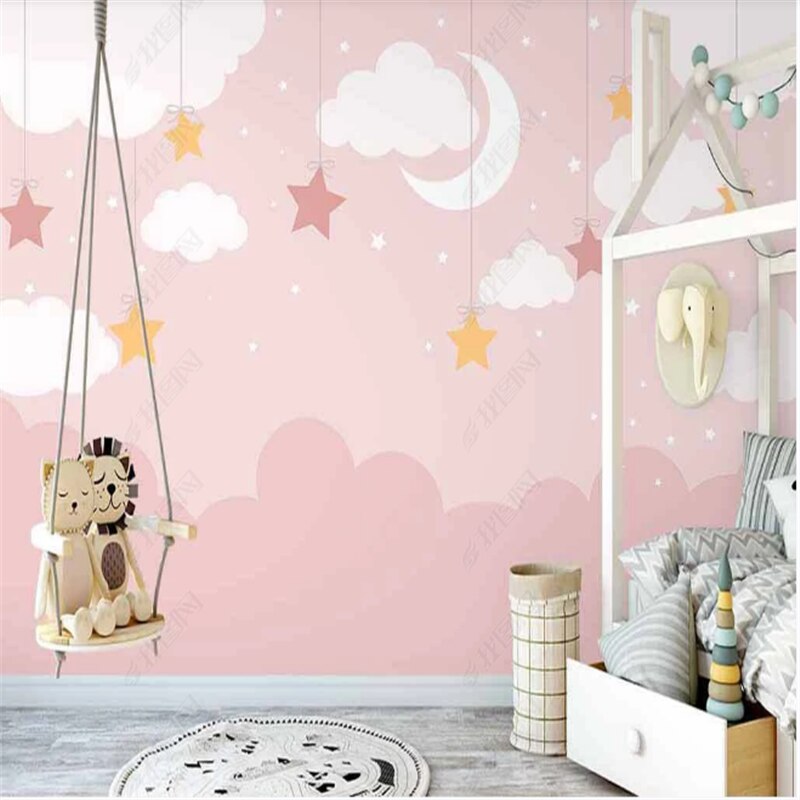 Papier Peint Etoile <br/> Fille Etoile et Nuage Rose