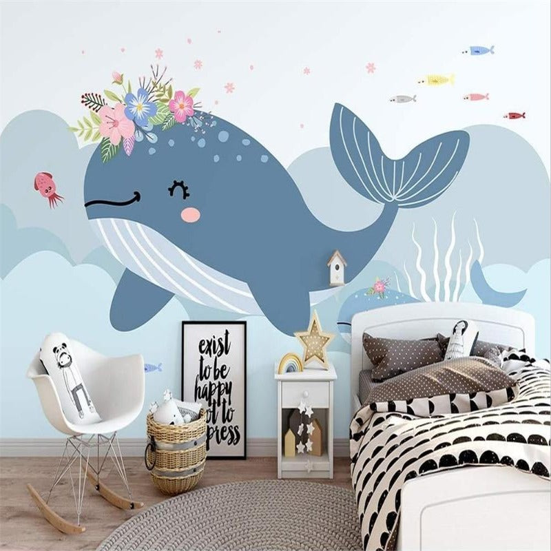 Klassiek meisjesbehang <br/> Walvis en bloemen