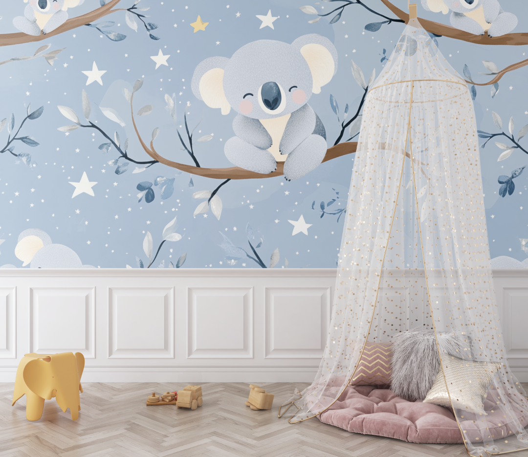 Papier peint koala et etoiles nacrees bebe