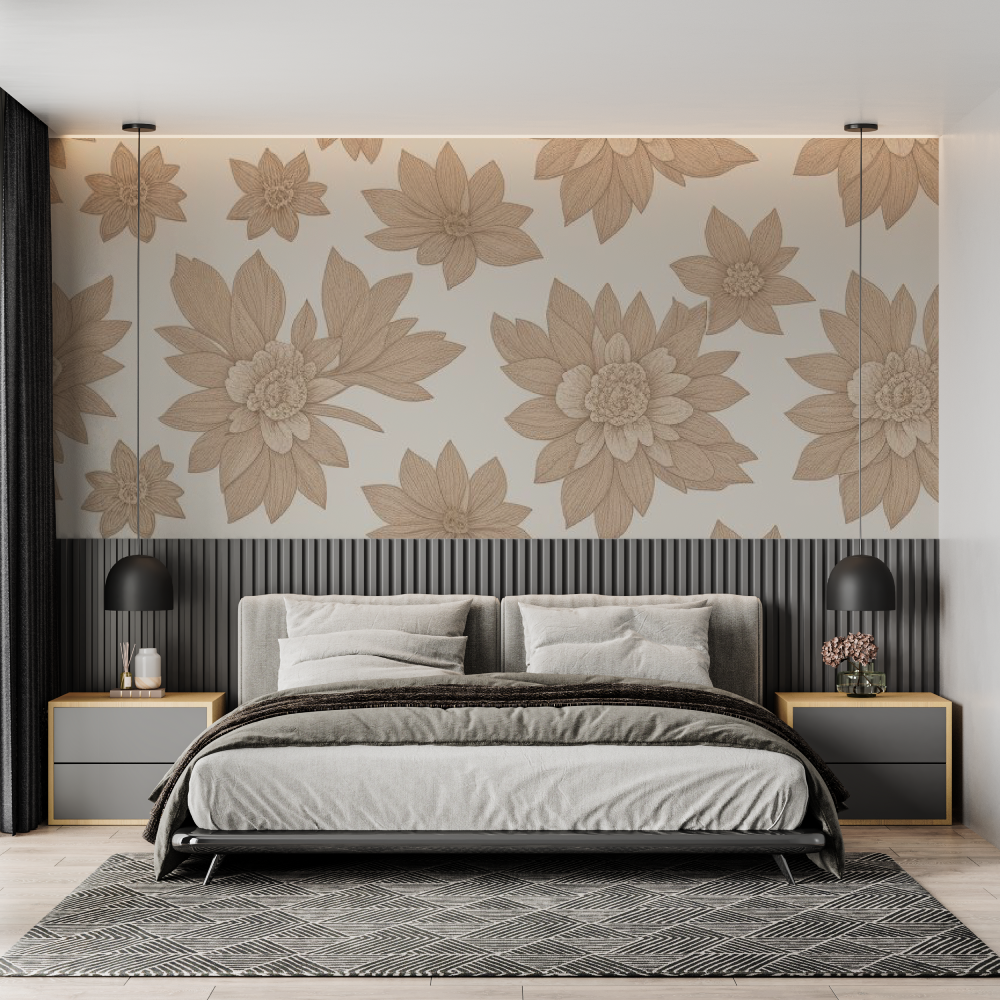 Papier peint cocooning floral taupe doux chambre adulte