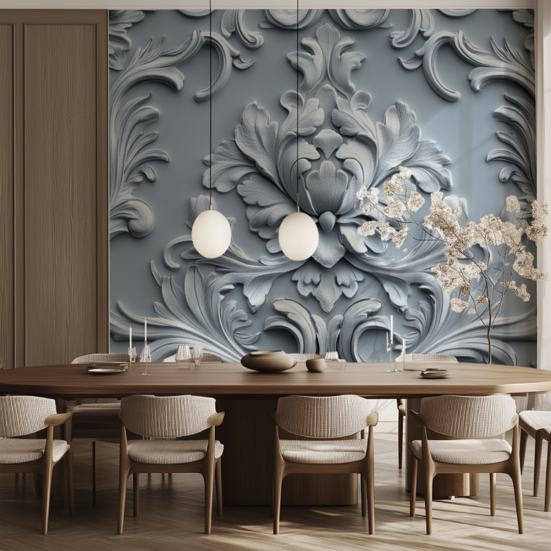 Papier peint fleur de lys gris salle manger tendance