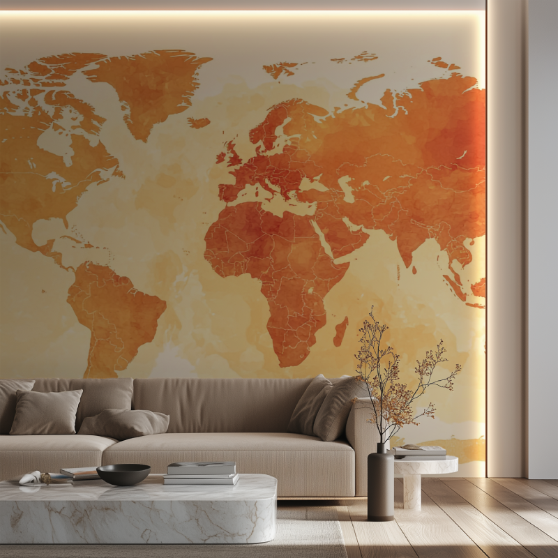 Papier peint carte du monde terracotta canape neon