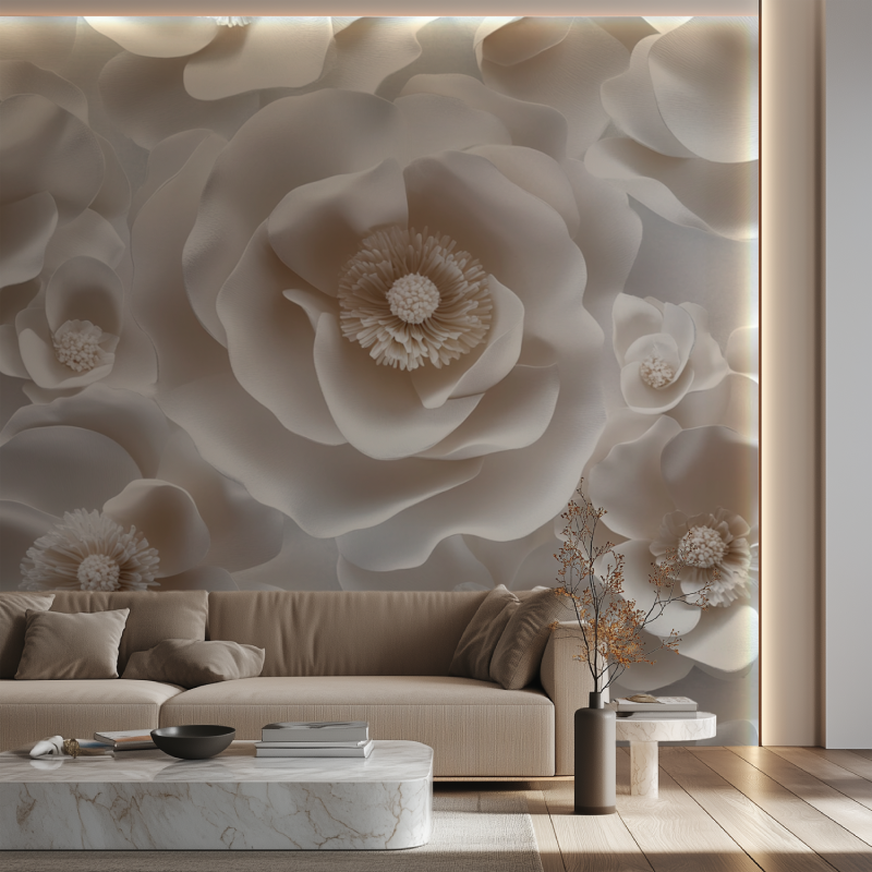 Papier peint fleur blanche en relief canape neon