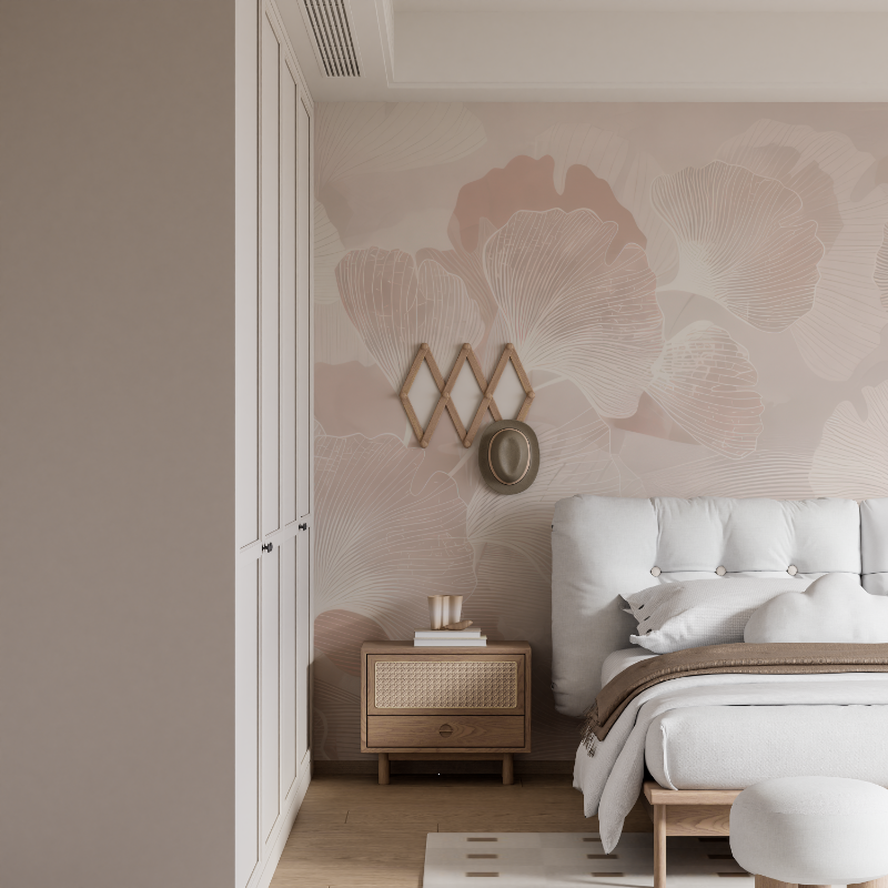 Papier peint cocooning floral rose poudre mural