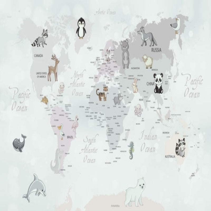 Sfondo con mappa del mondo <br/> Cuccioli di animali