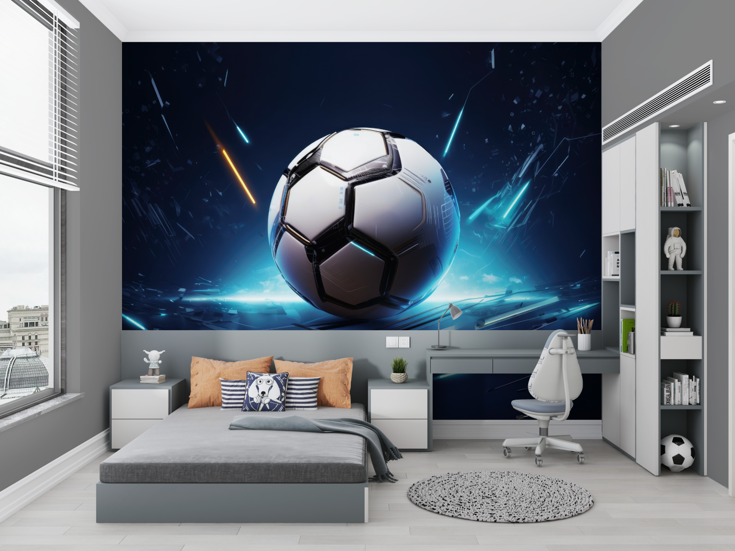 Papier peint 3d ballon foot bleu chambre petit
