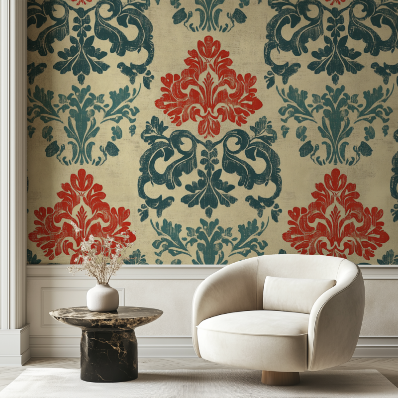 Papier peint vintage rouge et turquoise chaise tendance