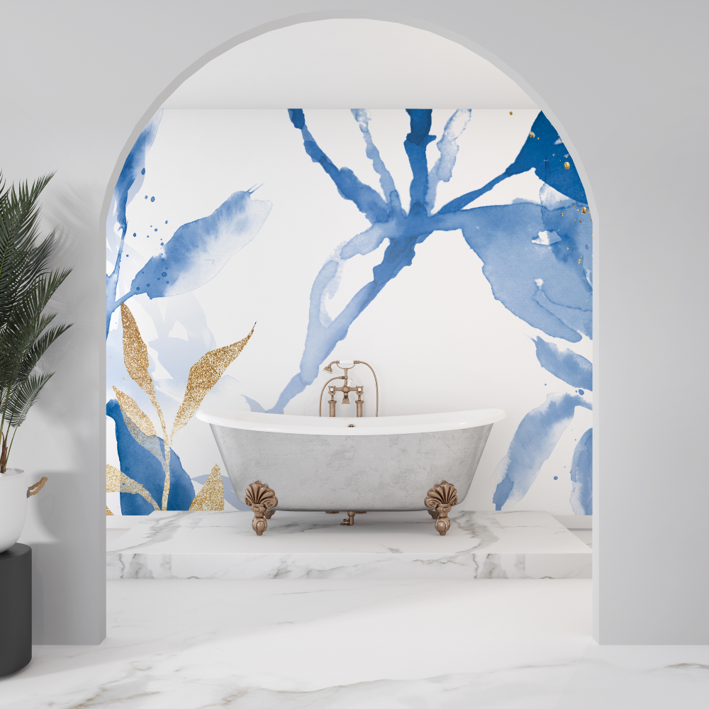 Papier peint salle de bain bleu fleurs sdb