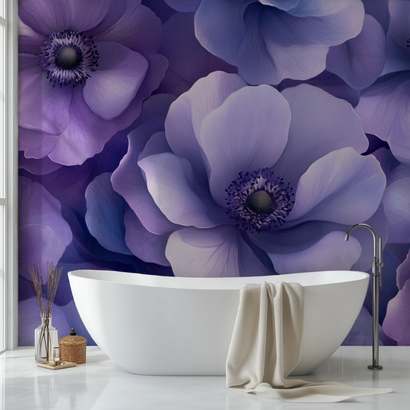Papier peint fleur violet sdb