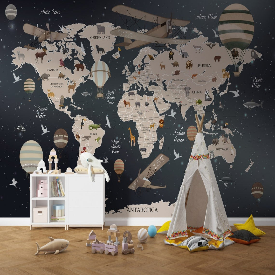 World Map Wallpaper <br/> Black Planisphere and Plane - Second Image