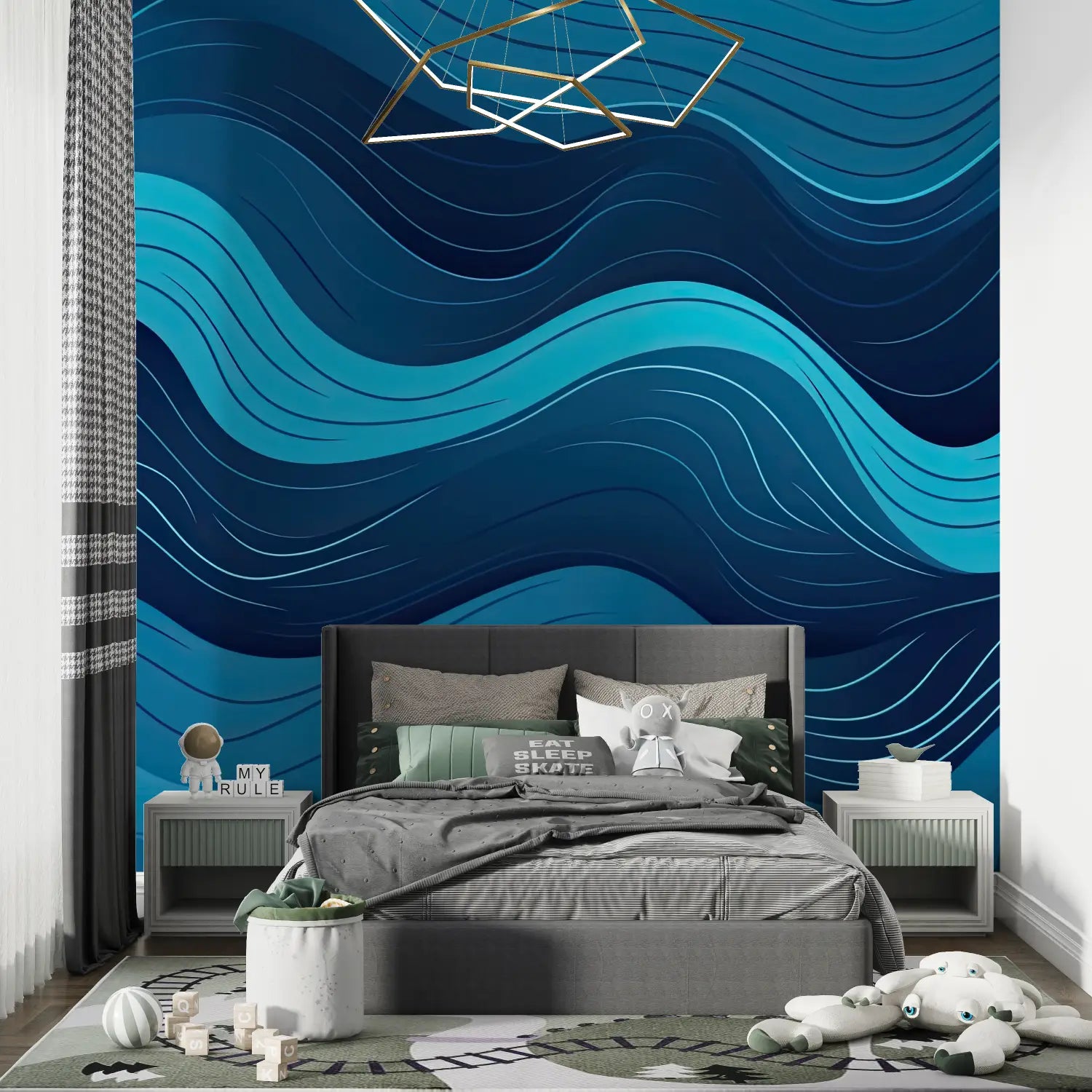 Papier Peint Ado Vagues Bleu Marine - chambre petit