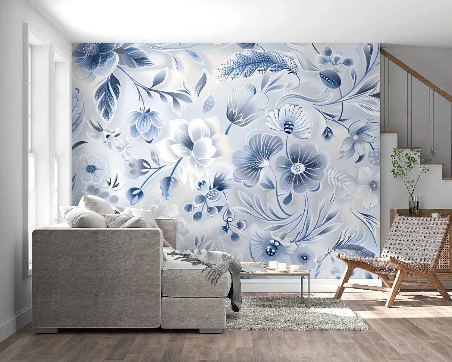 Papier Peint Bleu Fleur Pastel - panoramique mural