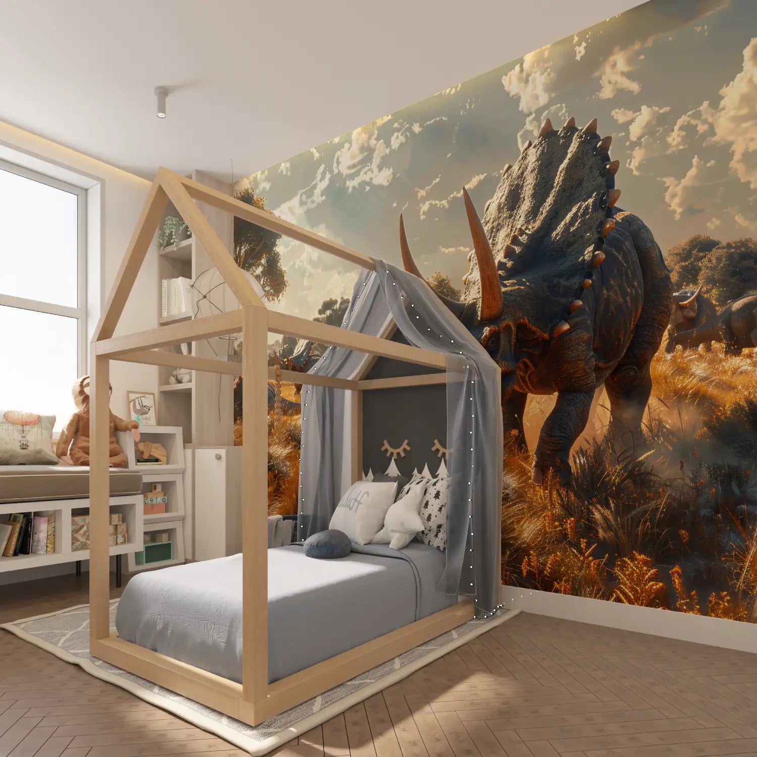 Papier Peint Chasse Triceratops - chambre garçon lit