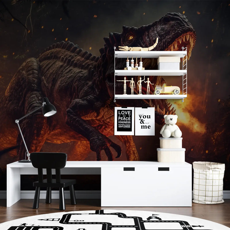 Papier Peint Dinosaure T Rex en Feu - chambre spiderman