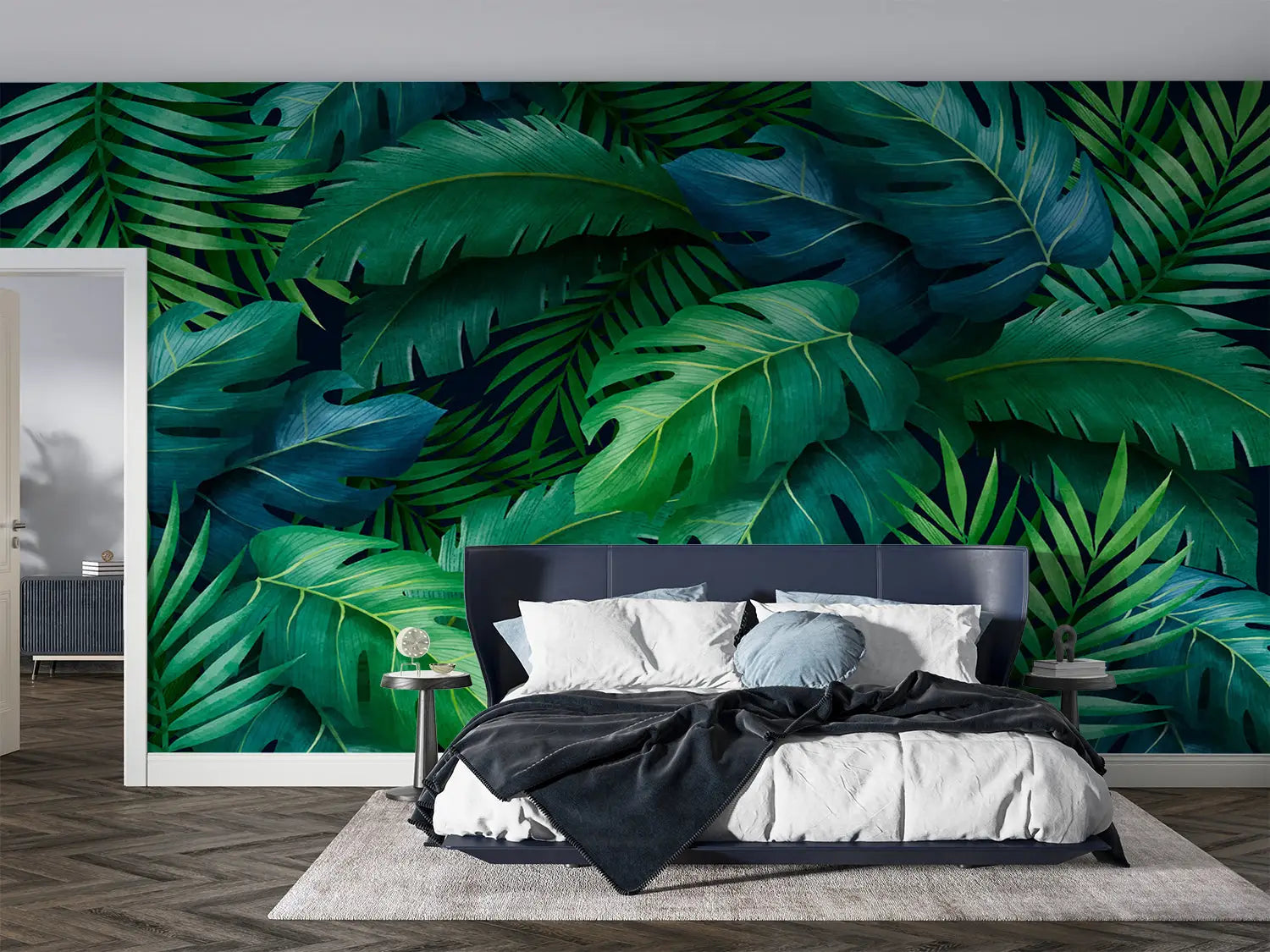 Green and blue foliage wallpaper