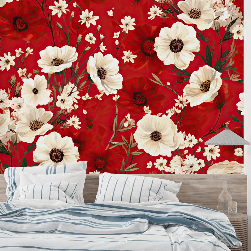 Papier Peint Floral Rouge - sur mesure