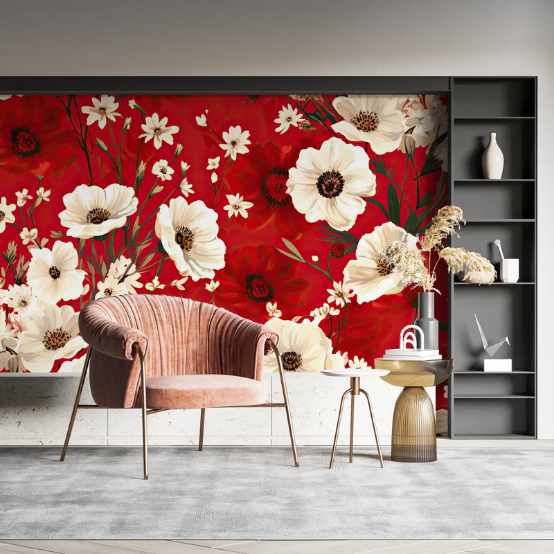 Papier Peint Floral Rouge - mural