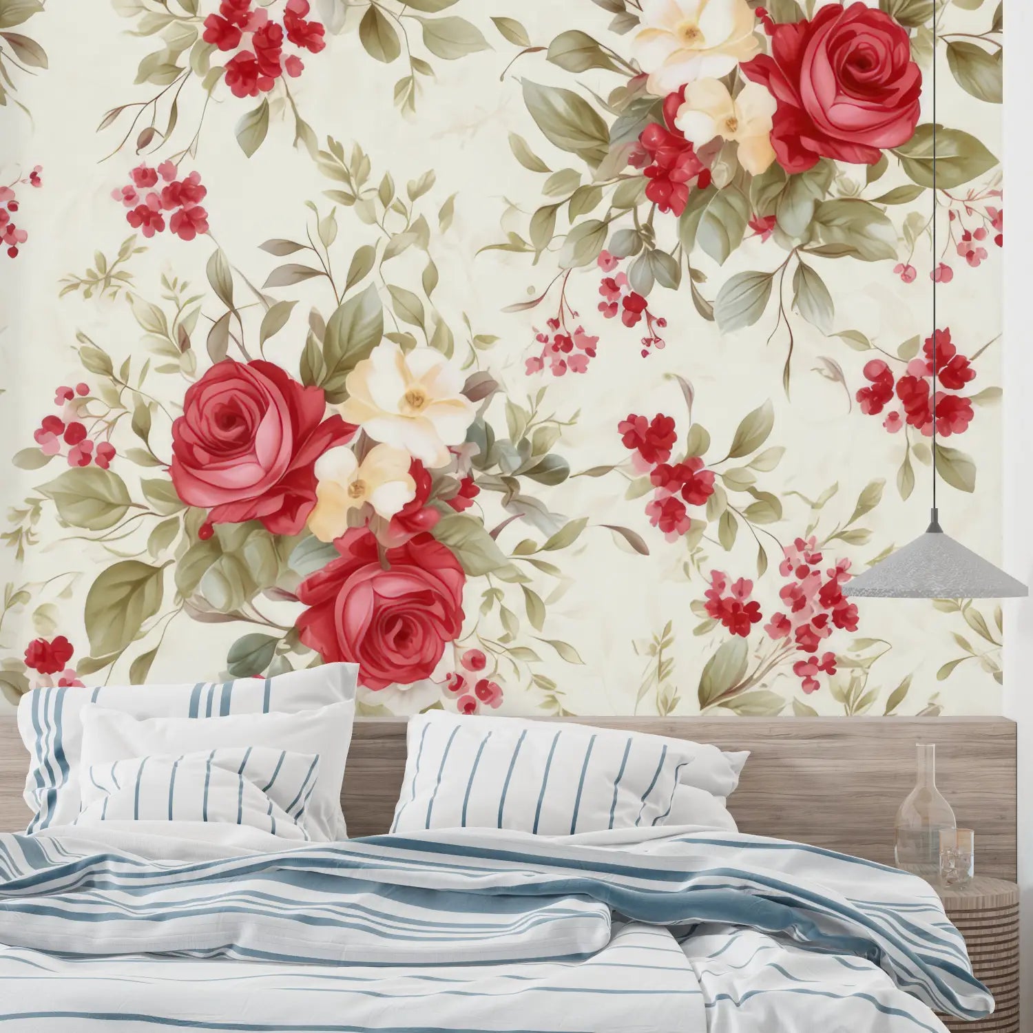 Papier Peint Floral Rouge Blanc - sur mesure