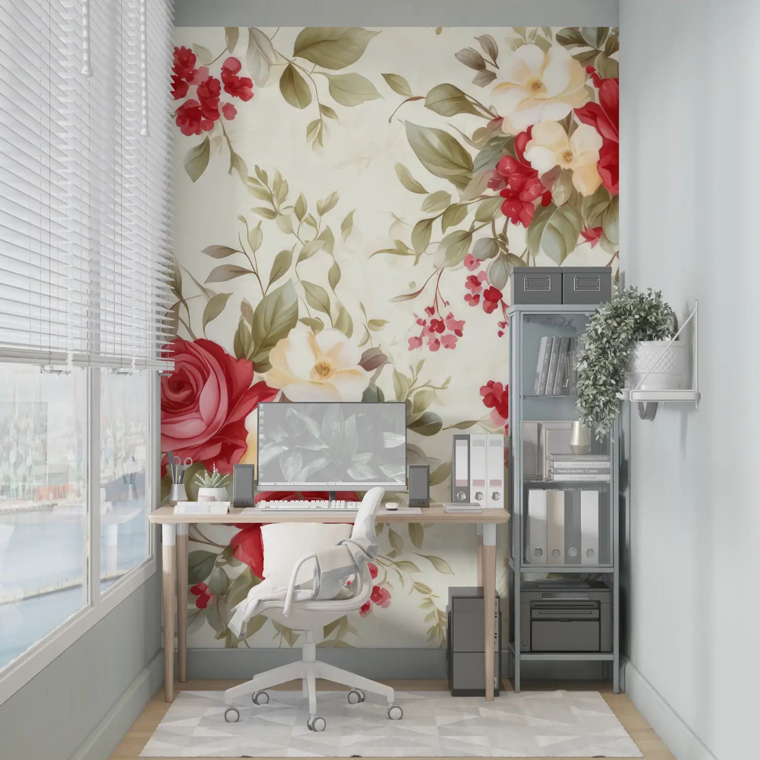 Papier Peint Floral Rouge Blanc - mural