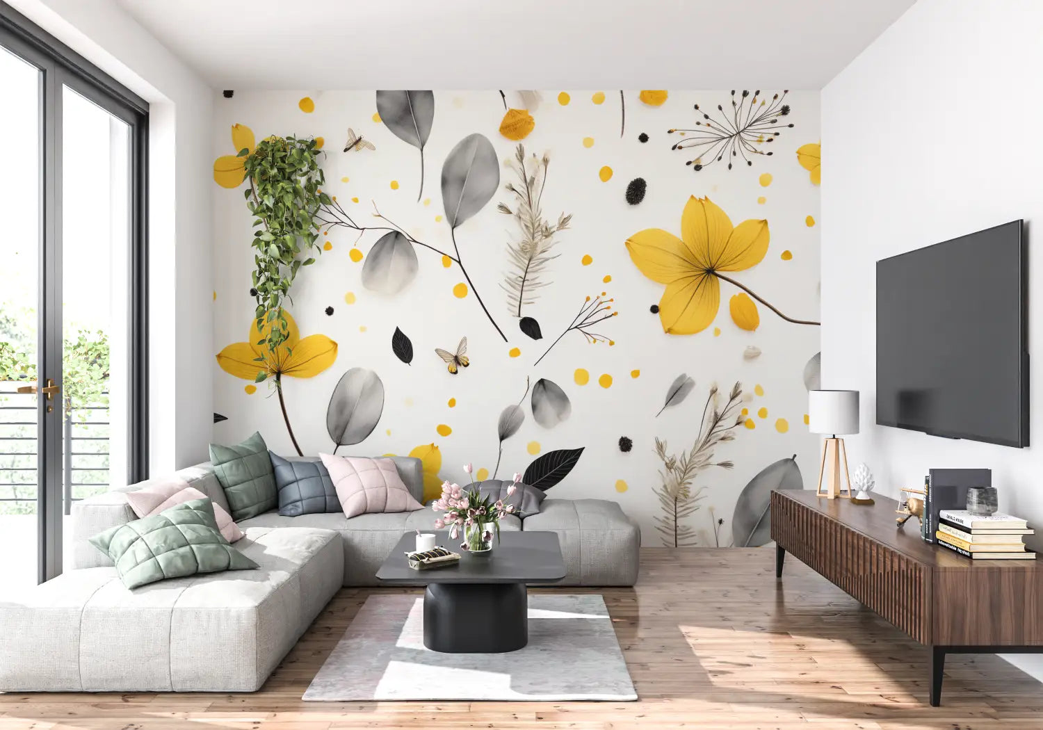 Papier Peint Jaune Et Gris Floral - tendance mur