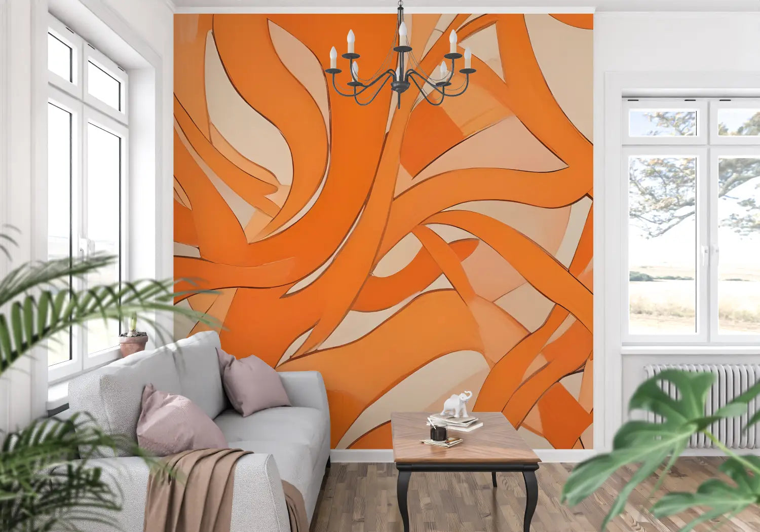 Papier Peint Orange Fluide - trompe l'oeil