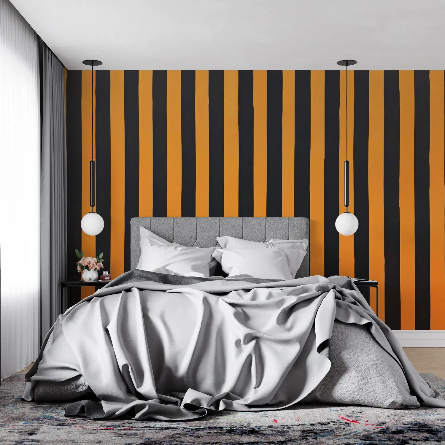 Papier Peint Rayure Orange Et Noires - tendance mur