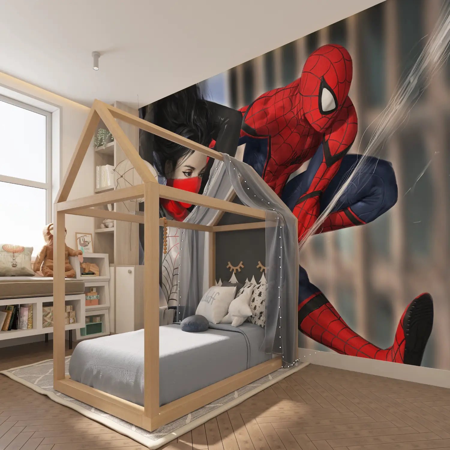 Papier Peint Spiderman Gwen Héro - chambre garçon lit