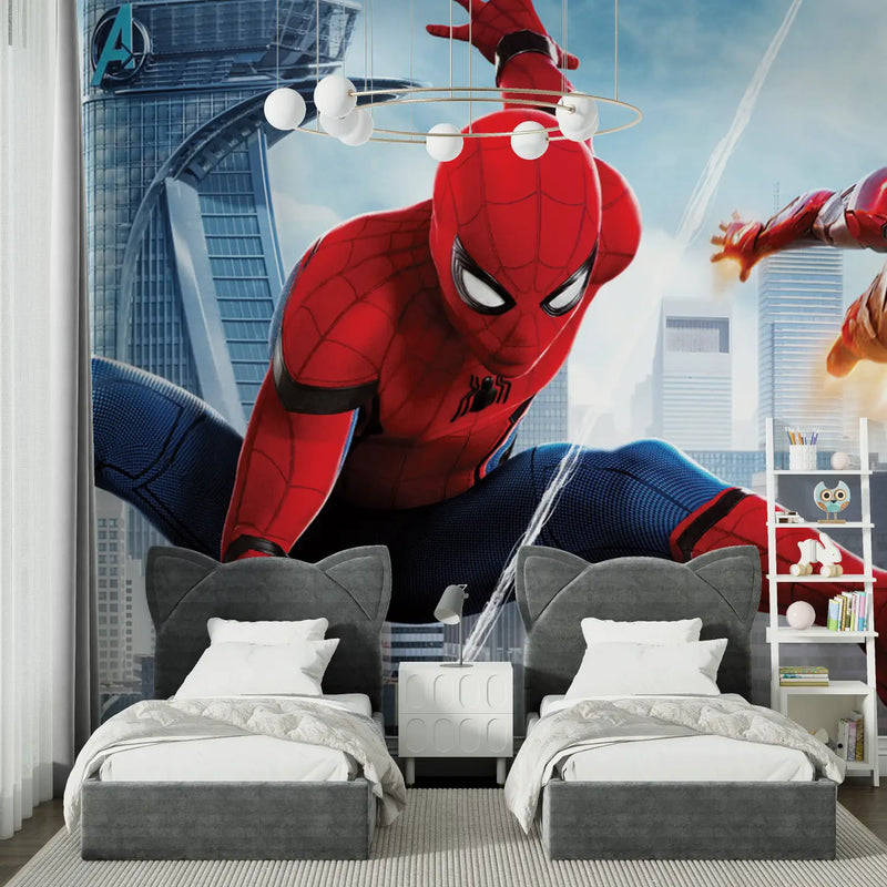 Papier Peint Spiderman Ironman - chambre garçon lit