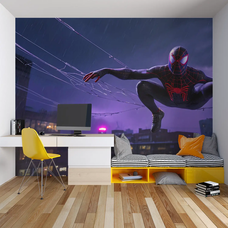 Papier Peint Spiderman Nocturne Pluie - chambre garçon lit