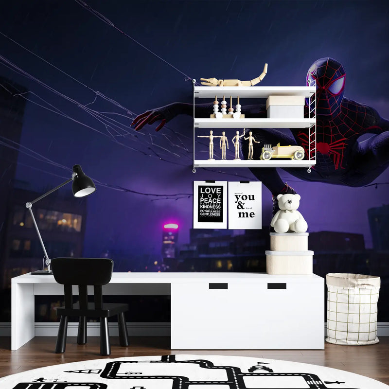 Papier Peint Spiderman Nocturne Pluie - tapisserie spiderman