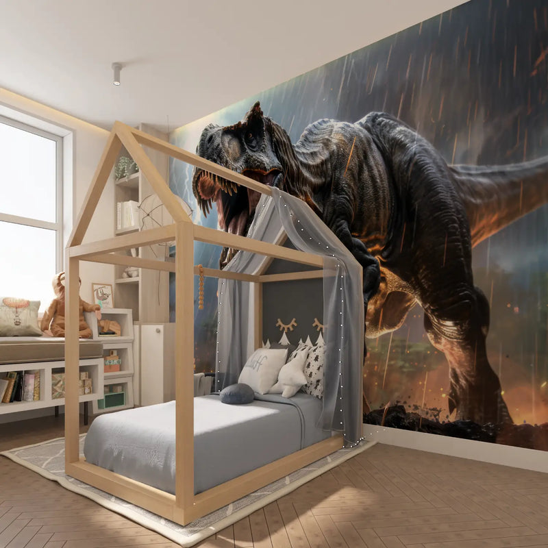 Papier Peint T Rex Sauvage - chambre garçon lit