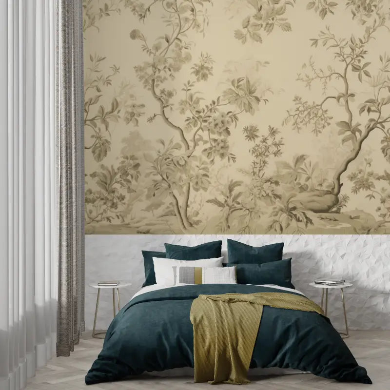 Papier Peint Toile De Jouy Beige Fleuri - panoramique tendance