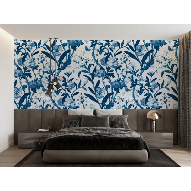 Toile De Jouy Behang Blauwe Bloemen - Second Image