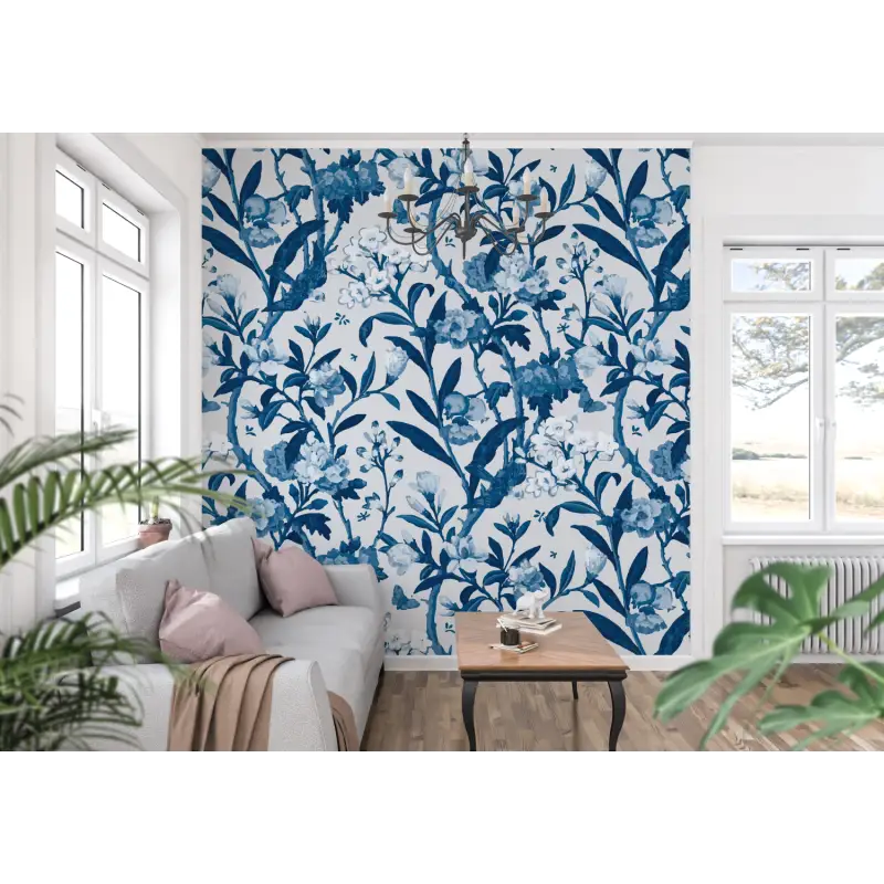 Toile De Jouy Behang Blauwe Bloemen - Second Image