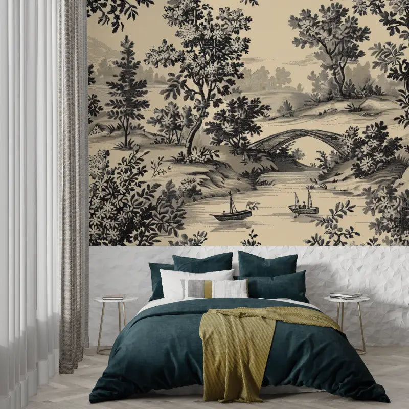 Papier Peint Toile De Jouy Pont Noir - trompe l'oeil