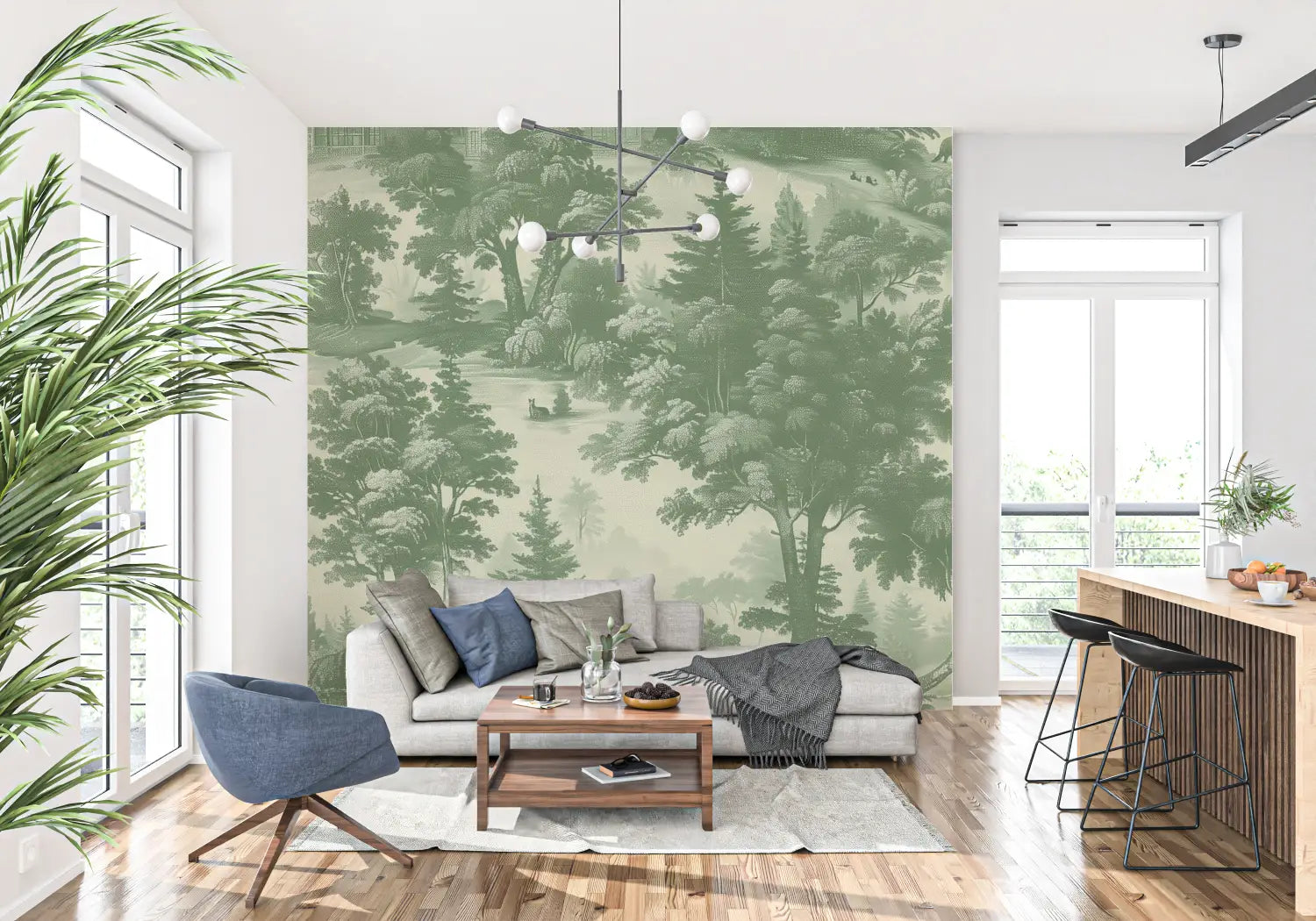 Groen Toile De Jouy-behang - Second Image