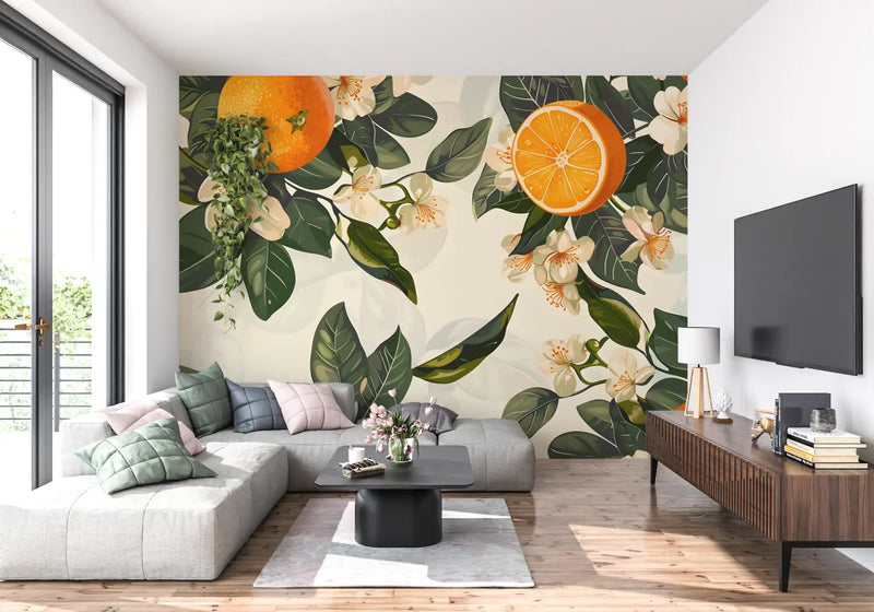 Papier Peint Vintage Arbre Orange - mur cuisine