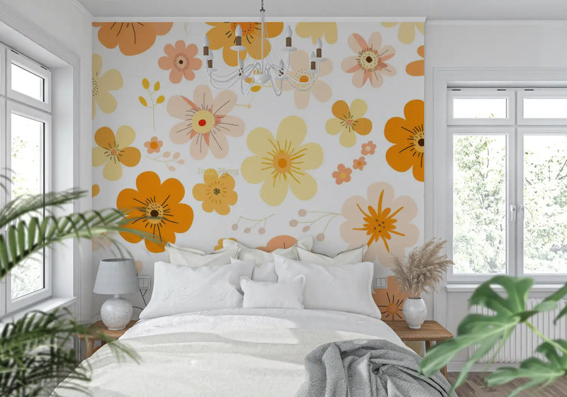 Papier Peint Vintage Fleurs Orange - mur cuisine