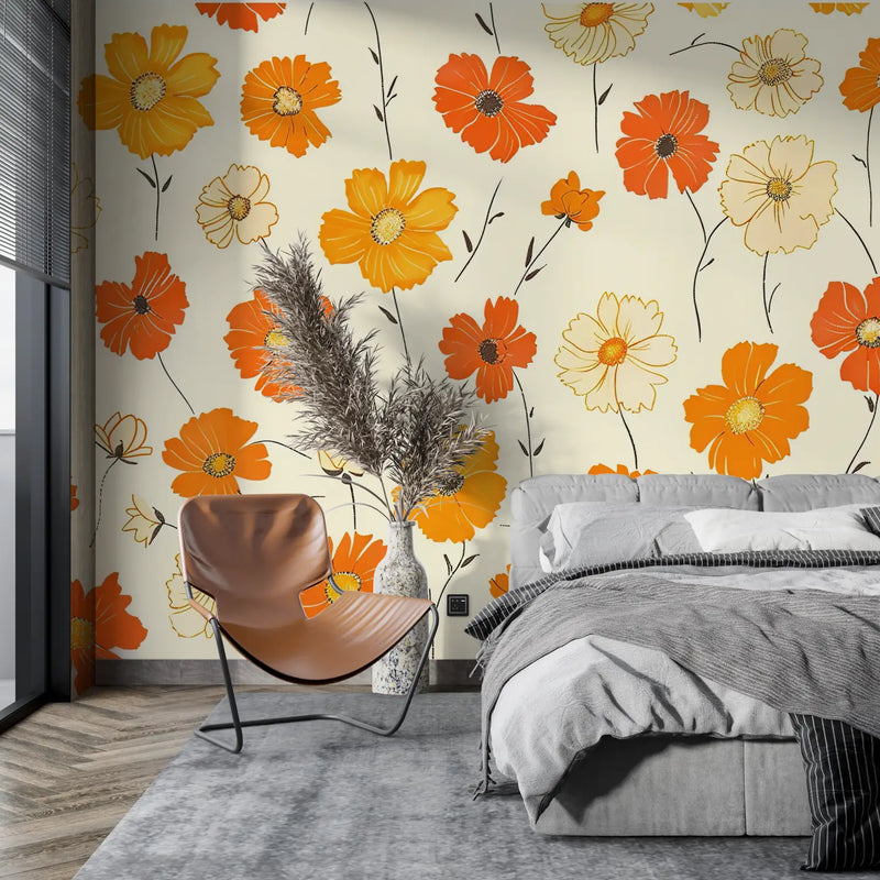 Papier Peint Vintage Orange Et Blanc - mur cuisine