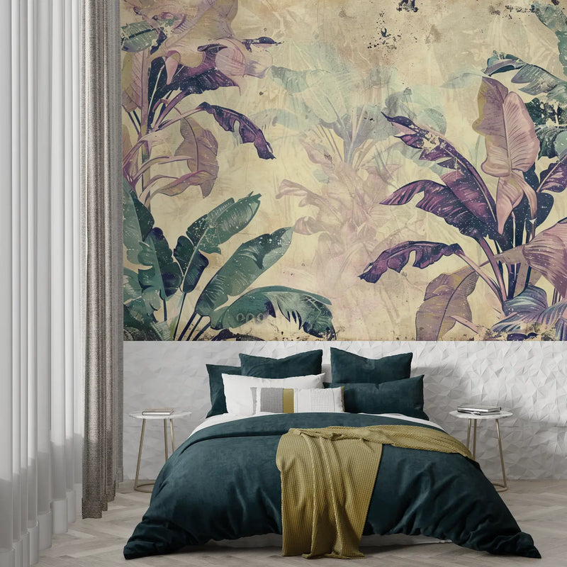 Papier Peint Violet Vintage Tropical - trompe l'oeil